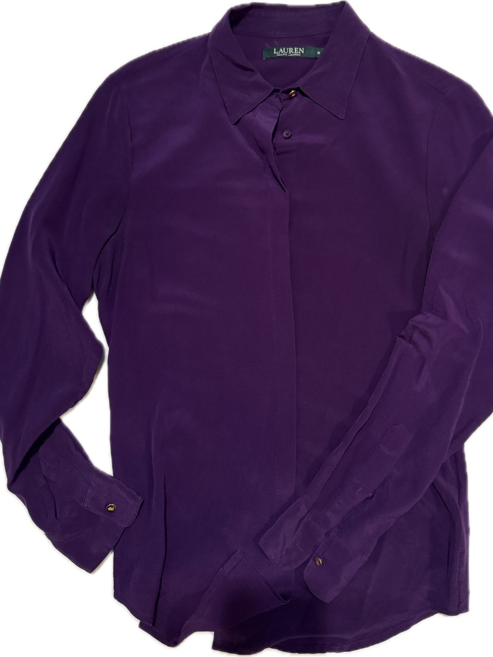Lauren Ralph Lauren Deep Purple Silk Hidden-Placket Button-Up Blouse